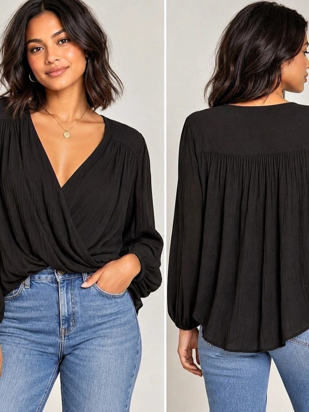 Free People Check On It Black Wrap Top Blouse Size Small